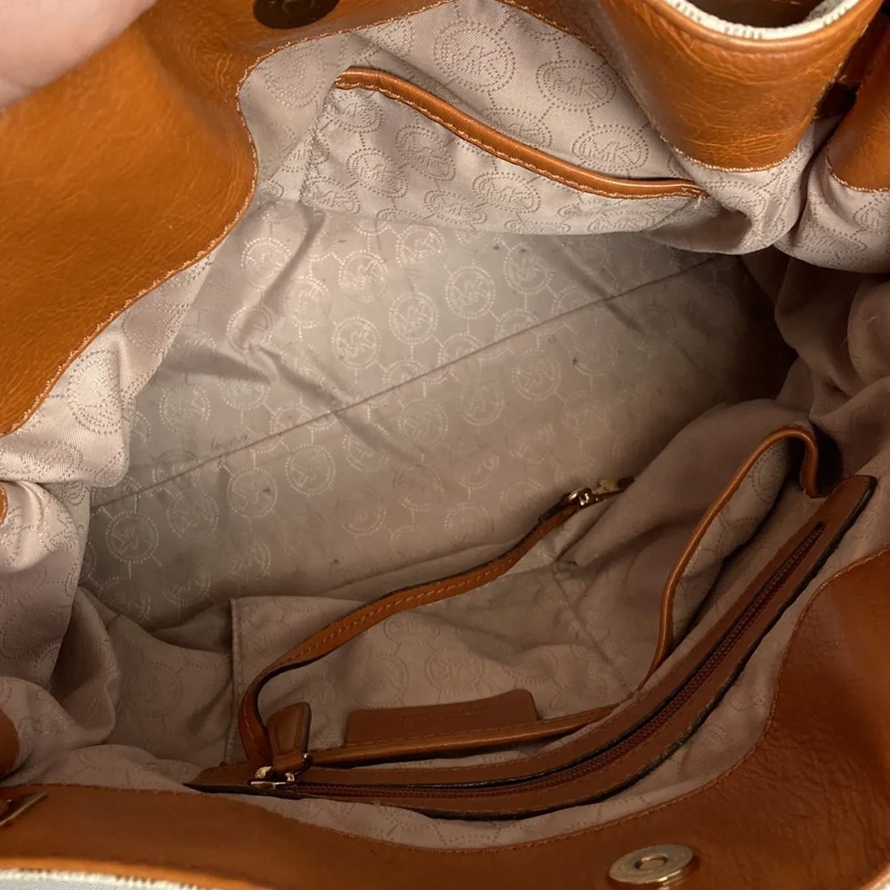 Michael Kors Beige Monogram Satchel with Tan Leather Trim